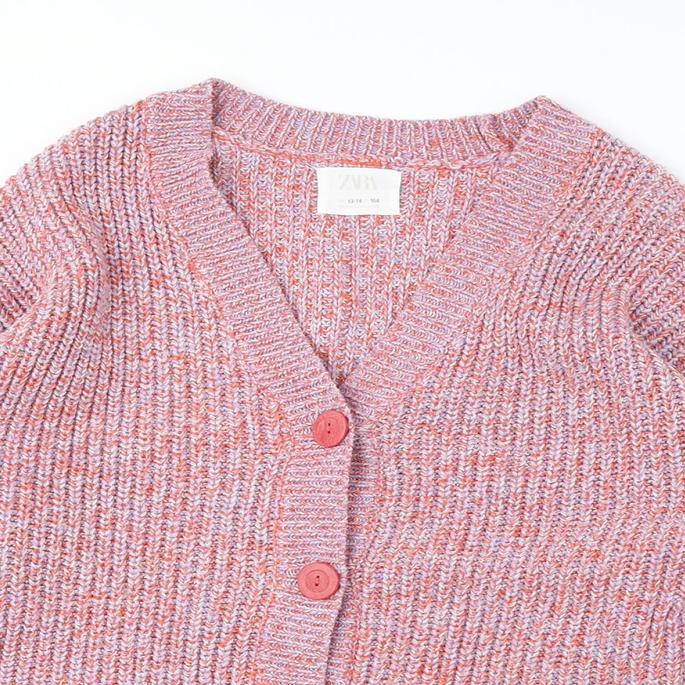 Zara Girls Pink V-Neck Geometric Acrylic Cardigan Jumper Size 13-14 Years Button