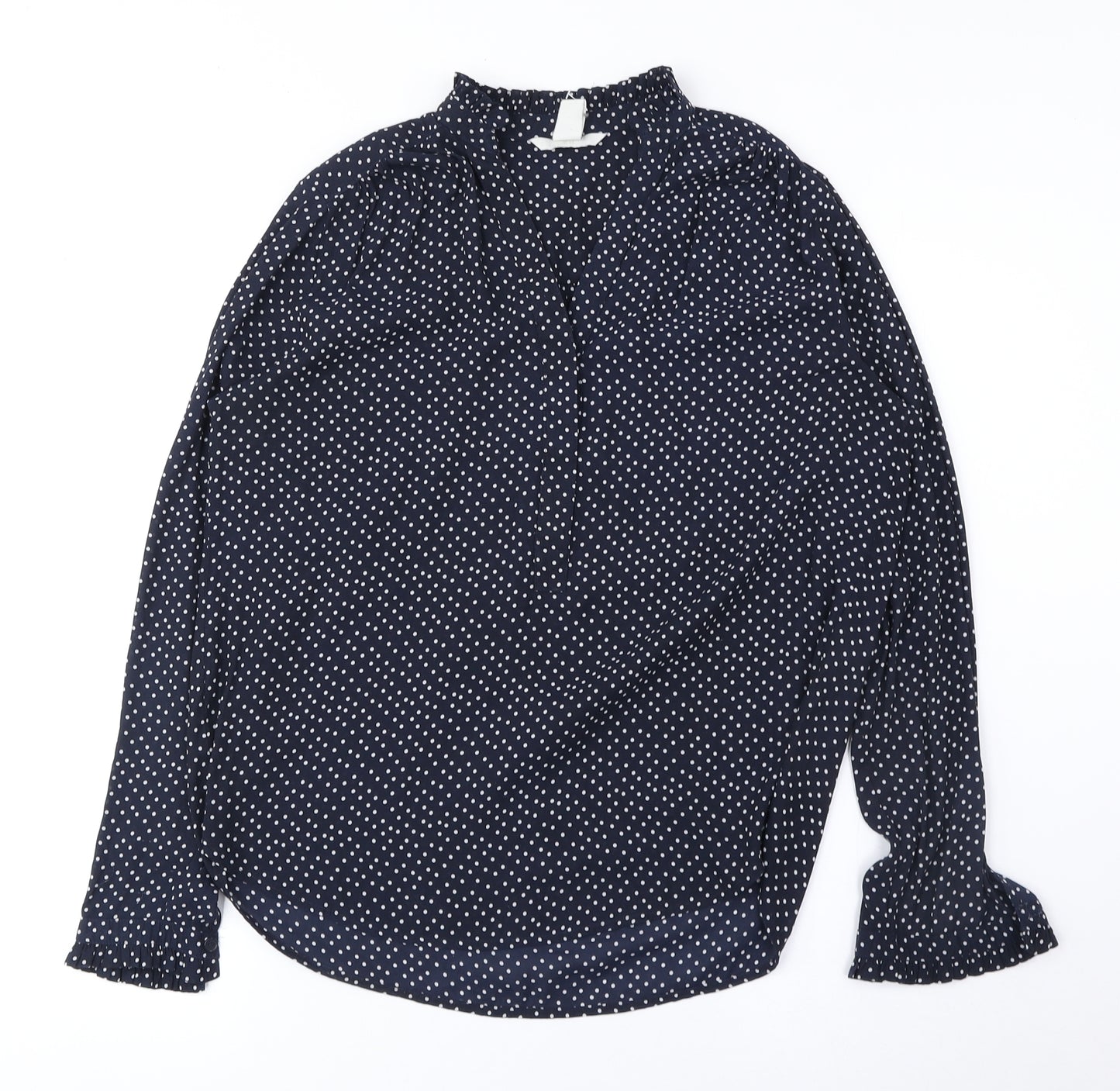 H&M Womens Blue Polka Dot Polyester Basic Blouse Size 6 V-Neck