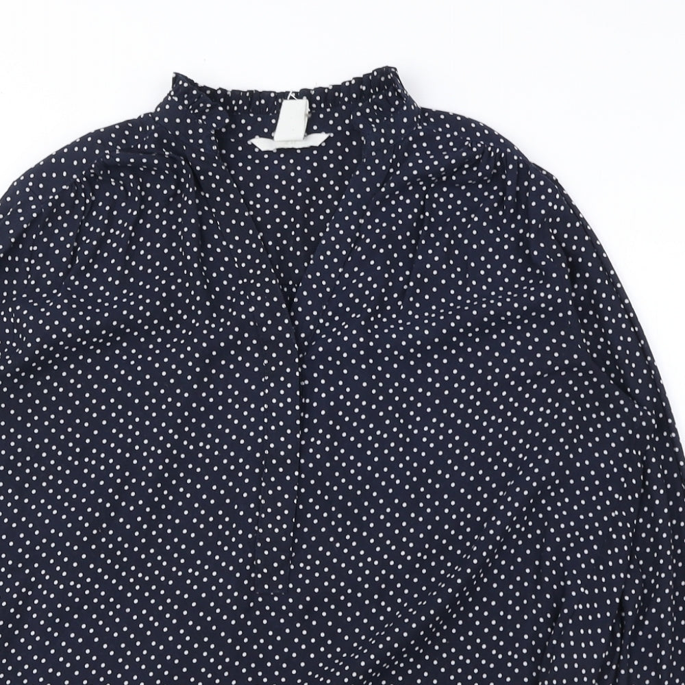 H&M Womens Blue Polka Dot Polyester Basic Blouse Size 6 V-Neck