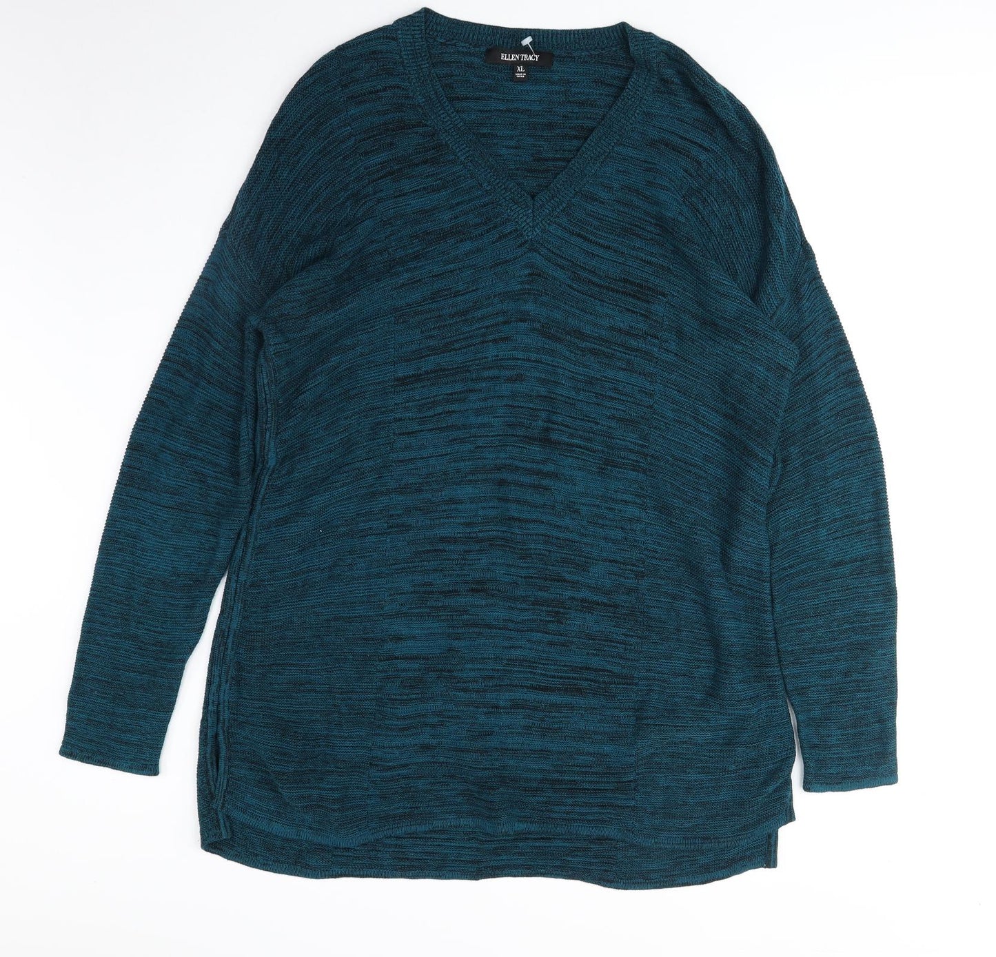 Ellen Tracy Womens Green V-Neck Cotton Pullover Jumper Size XL