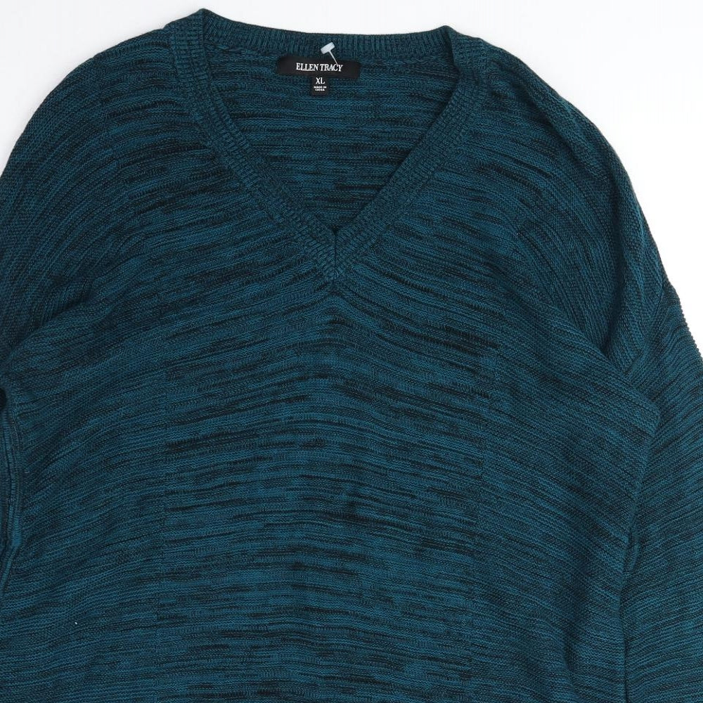 Ellen Tracy Womens Green V-Neck Cotton Pullover Jumper Size XL