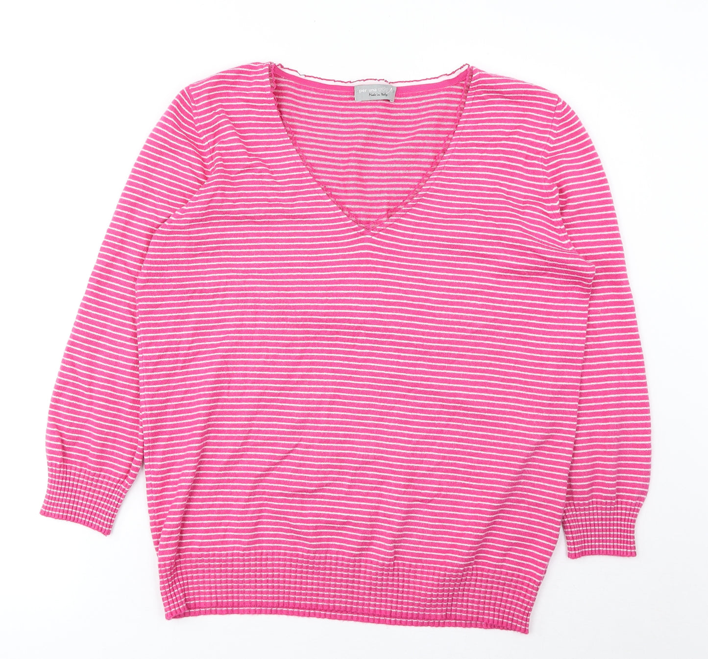 Marks and Spencer Womens Pink V-Neck Striped Viscose Pullover Jumper Size 14