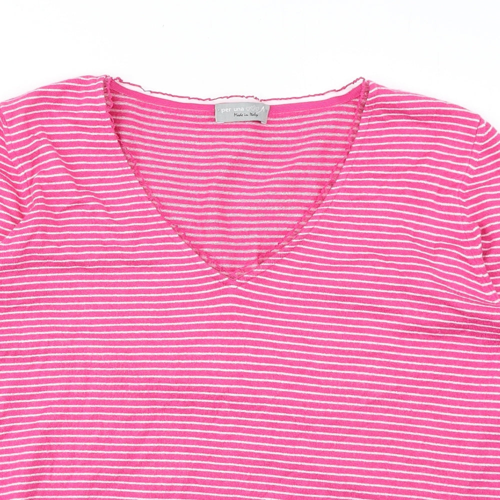 Marks and Spencer Womens Pink V-Neck Striped Viscose Pullover Jumper Size 14