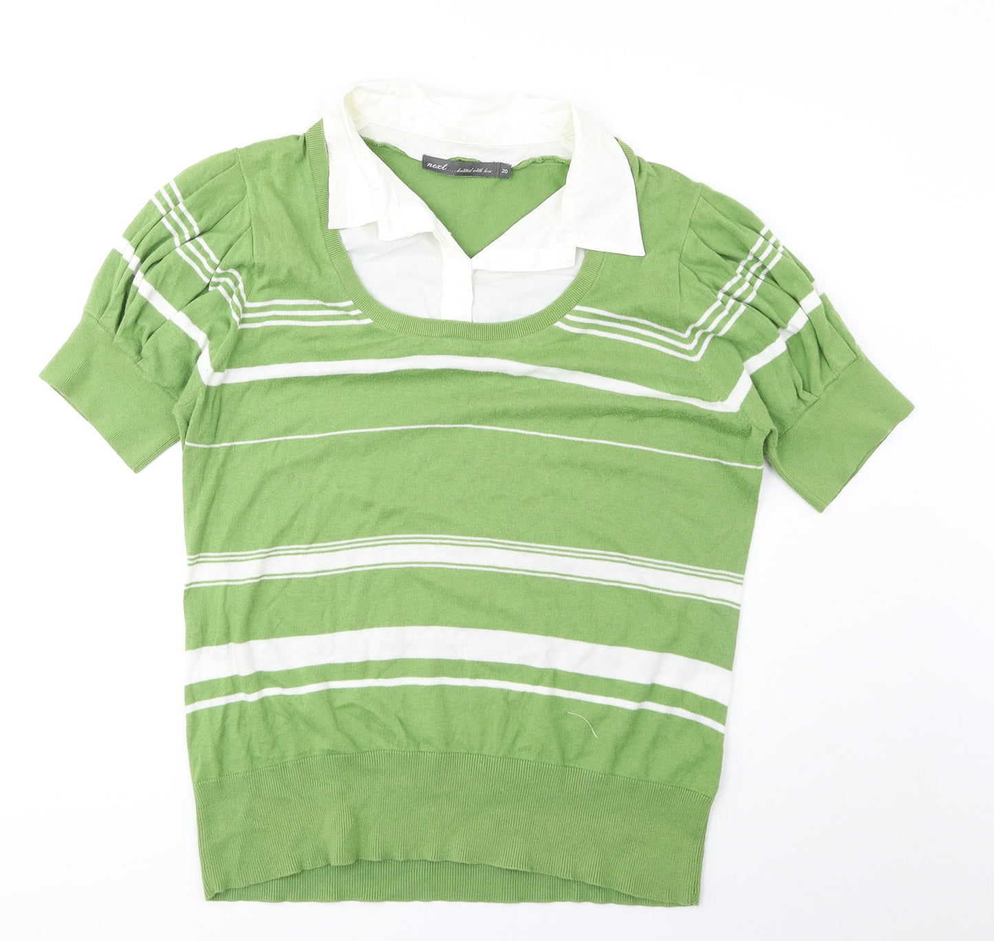 NEXT Womens Green Collared Striped Cotton Pullover Jumper Size 20