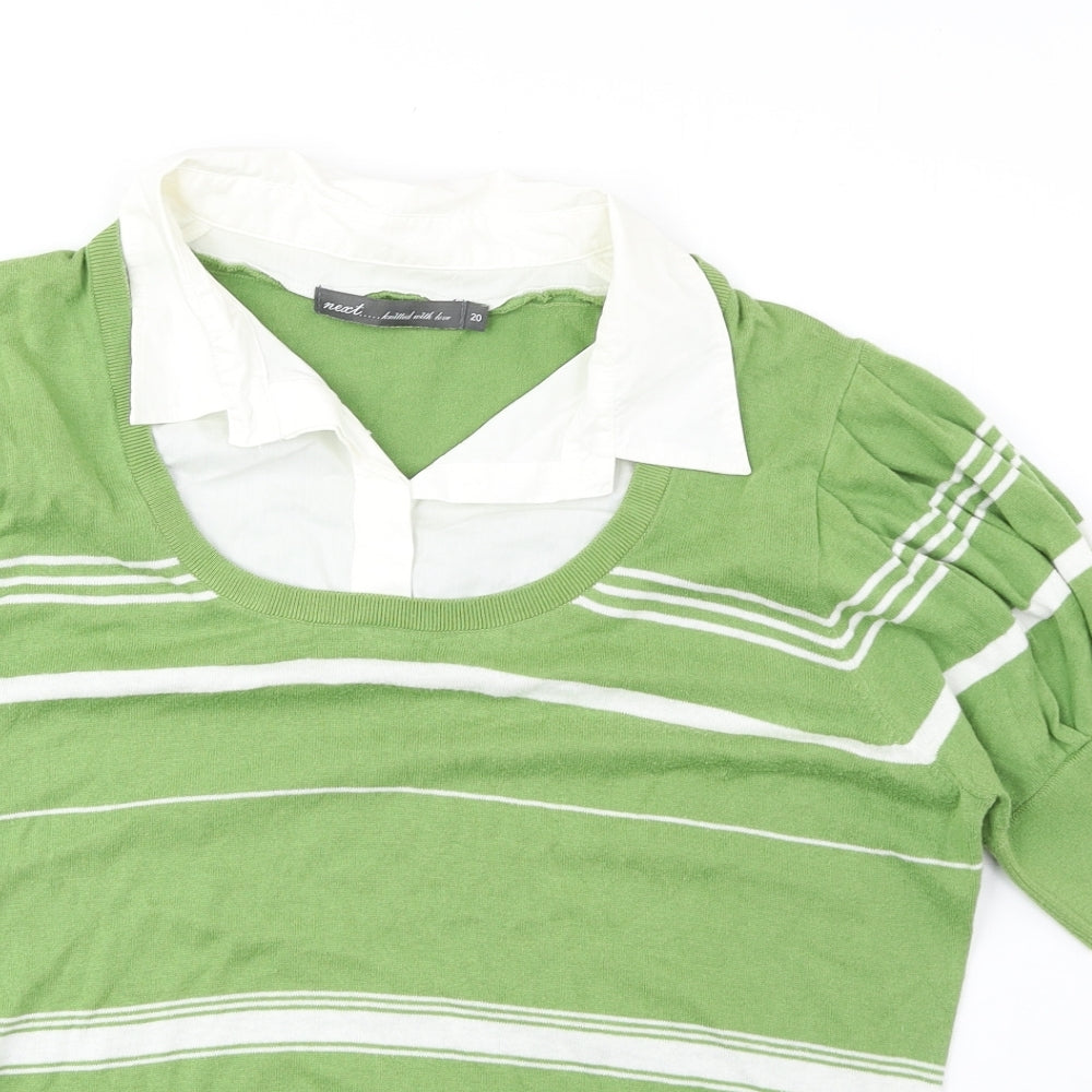 NEXT Womens Green Collared Striped Cotton Pullover Jumper Size 20