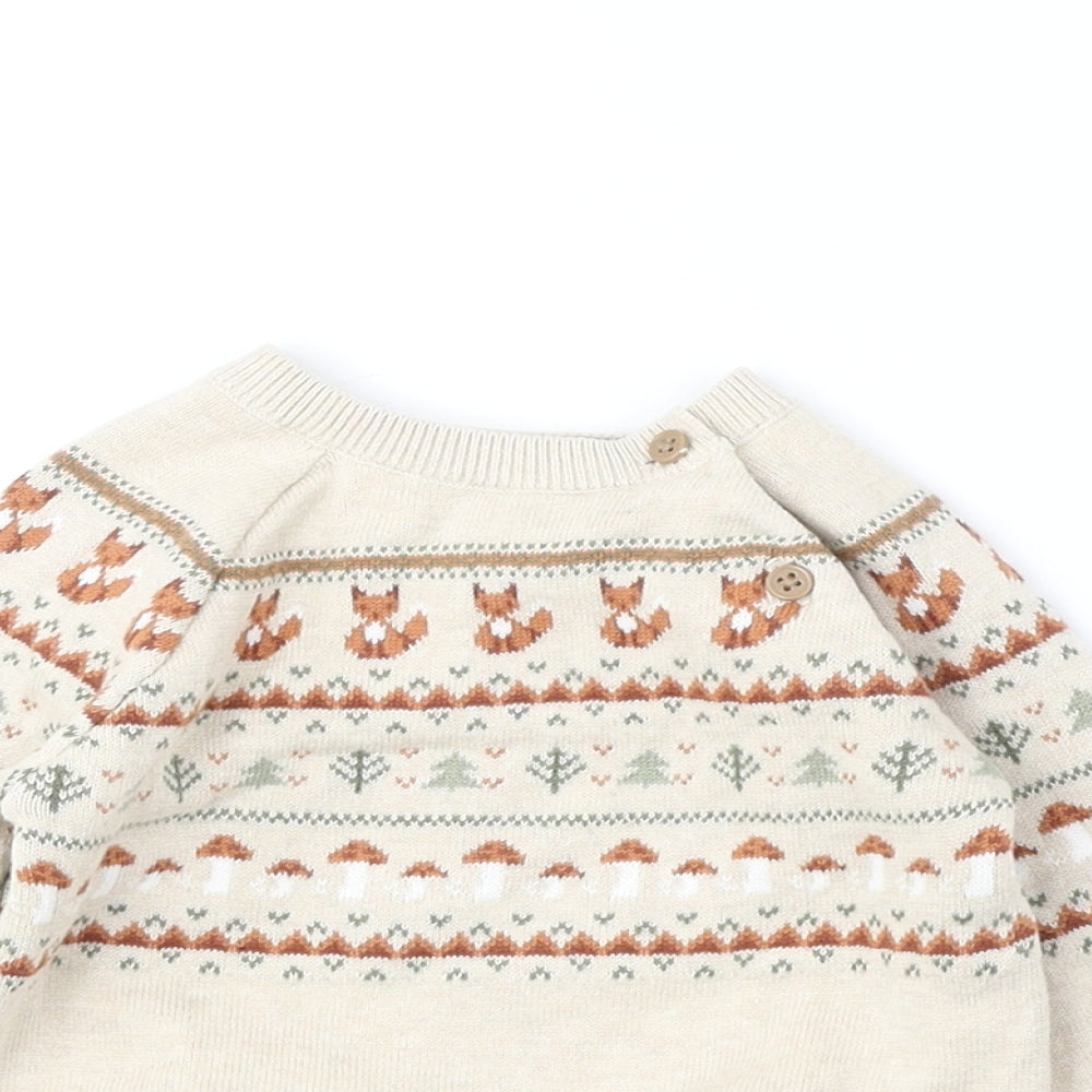 TU Baby Beige Fair Isle Cotton Pullover Jumper Size 6-9 Months Button