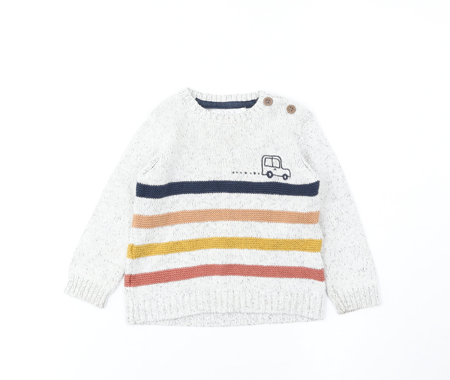 F&F Baby Grey Striped Cotton Pullover Jumper Size 9-12 Months Button - Car