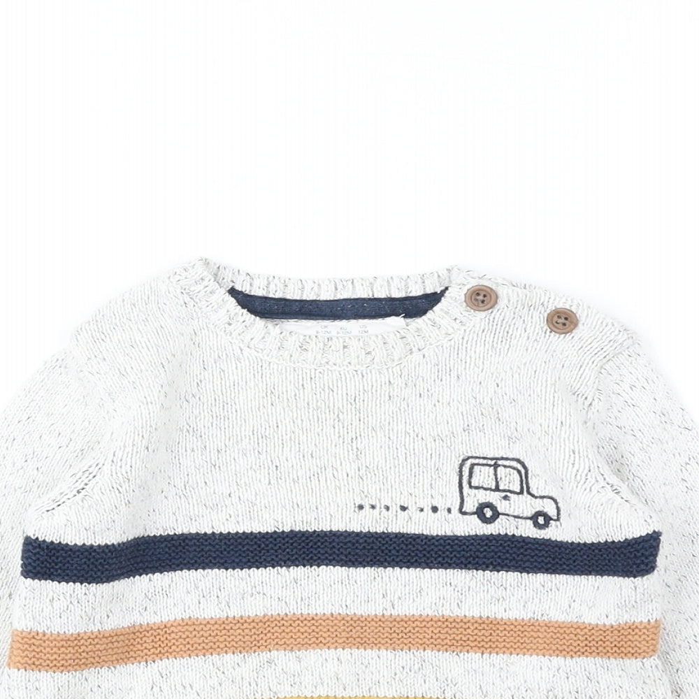 F&F Baby Grey Striped Cotton Pullover Jumper Size 9-12 Months Button - Car