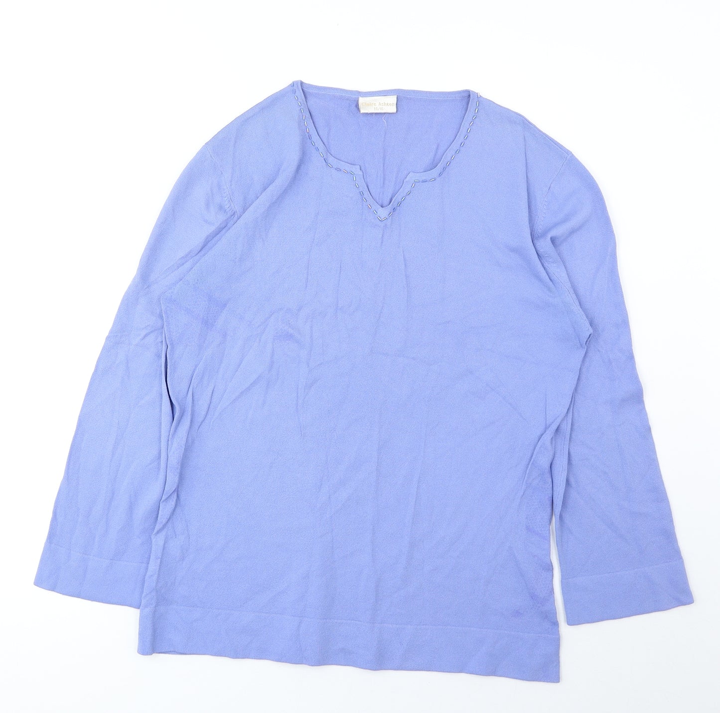 Claire Ashton Womens Blue Viscose Basic Blouse Size 14 V-Neck