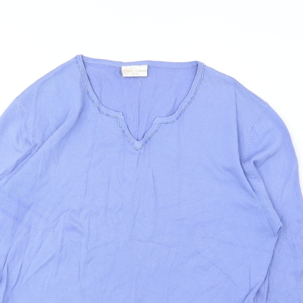 Claire Ashton Womens Blue Viscose Basic Blouse Size 14 V-Neck