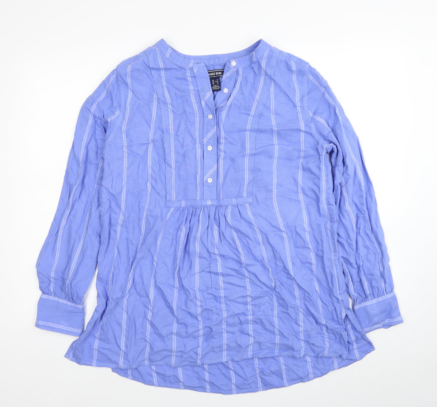 Lands' End Womens Blue Striped Viscose Basic Blouse Size 12 V-Neck