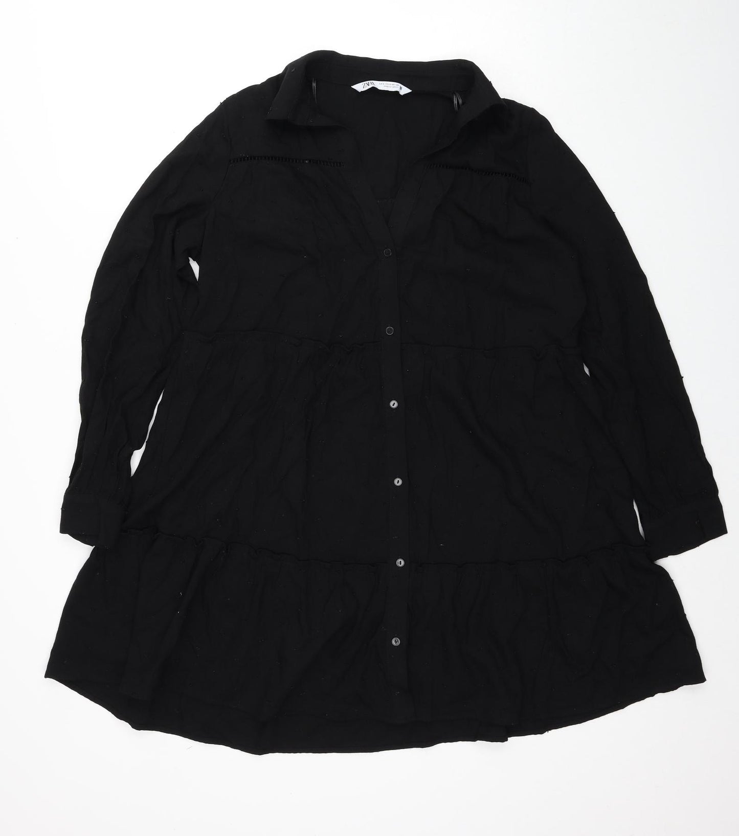 Zara Womens Black Viscose Shirt Dress Size S V-Neck Button