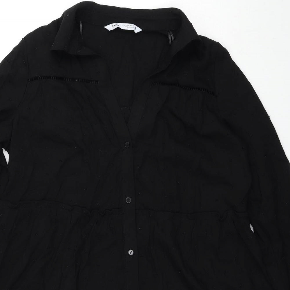Zara Womens Black Viscose Shirt Dress Size S V-Neck Button