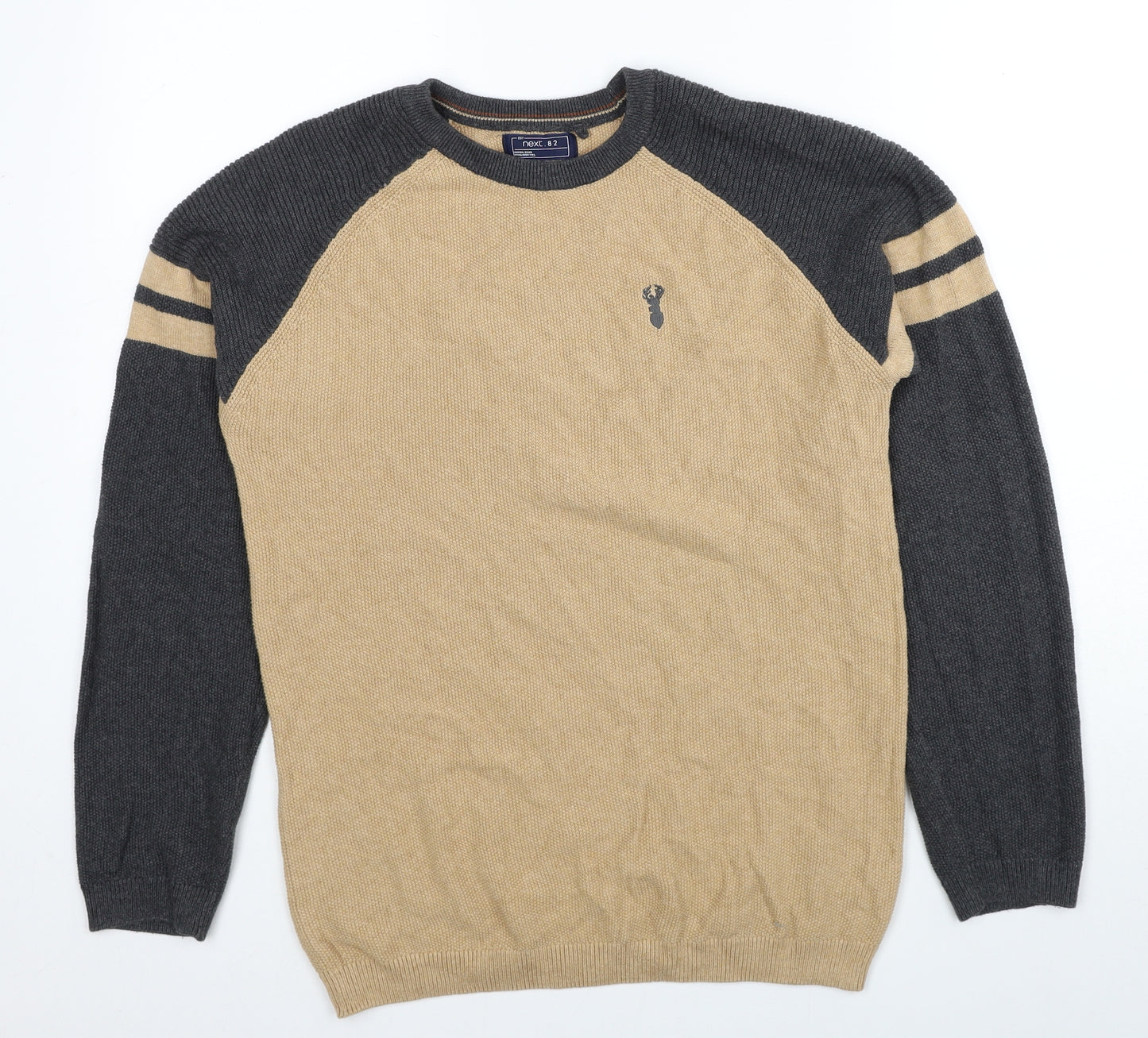 Marks and Spencer Boys Beige Round Neck Colourblock Cotton Pullover Jumper Size 15 Years Pullover