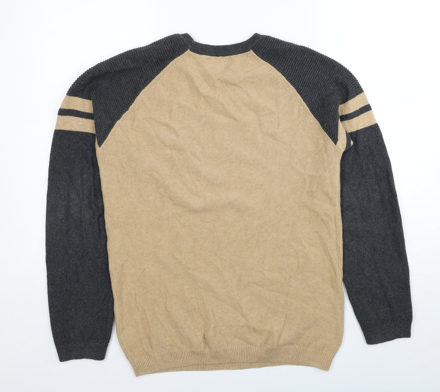 Marks and Spencer Boys Beige Round Neck Colourblock Cotton Pullover Jumper Size 15 Years Pullover