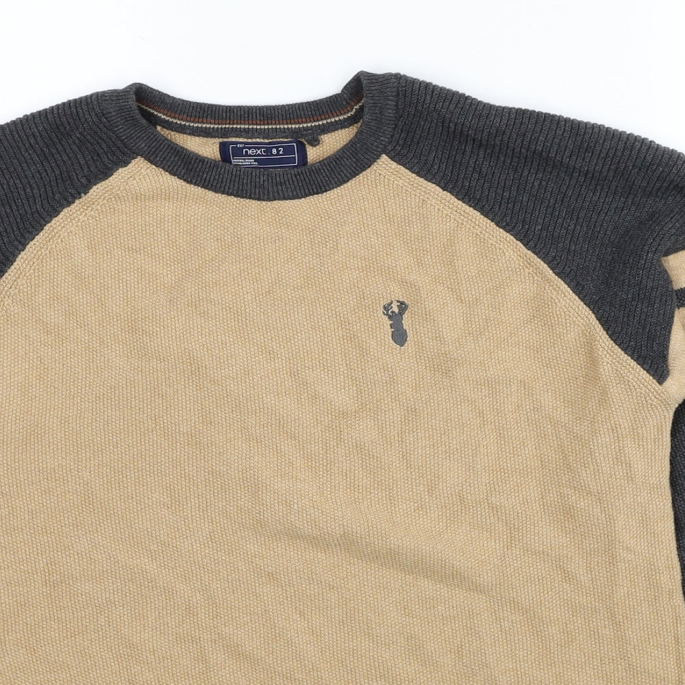 Marks and Spencer Boys Beige Round Neck Colourblock Cotton Pullover Jumper Size 15 Years Pullover