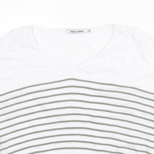 Alice Collins Womens White V-Neck Striped Viscose Pullover Jumper Size 18