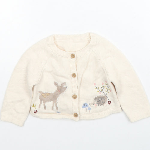 George Girls Beige Cotton Cardigan Jumper Size 3-6 Months Button - Cute Animals