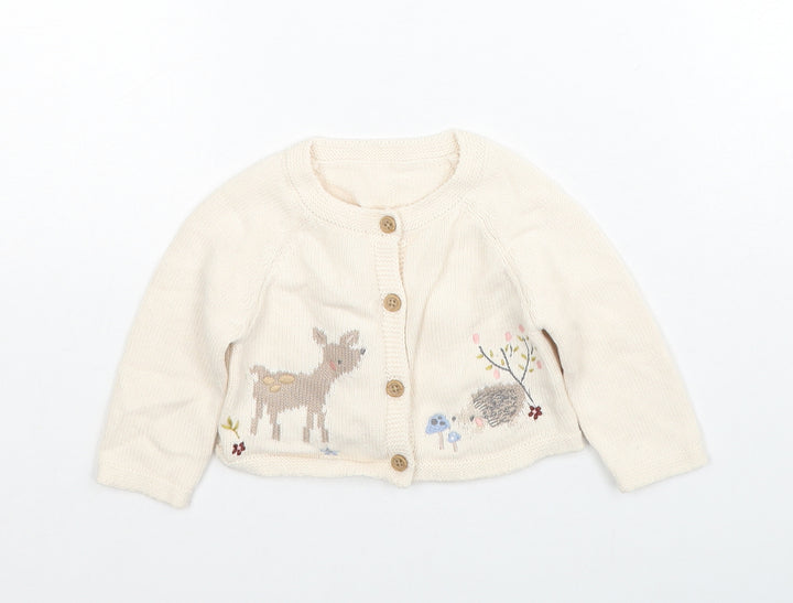George Girls Beige Cotton Cardigan Jumper Size 3-6 Months Button - Cute Animals