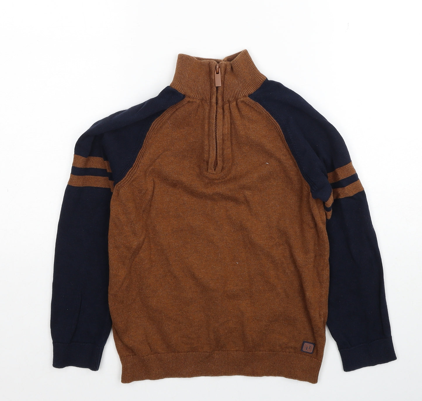 NEXT Boys Brown High Neck Colourblock Cotton Pullover Jumper Size 9 Years Pullover