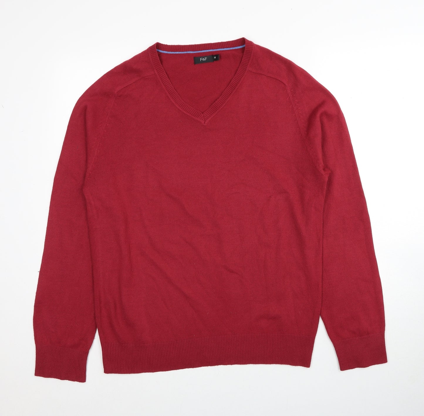 F&F Mens Red V-Neck Acrylic Pullover Jumper Size M Long Sleeve