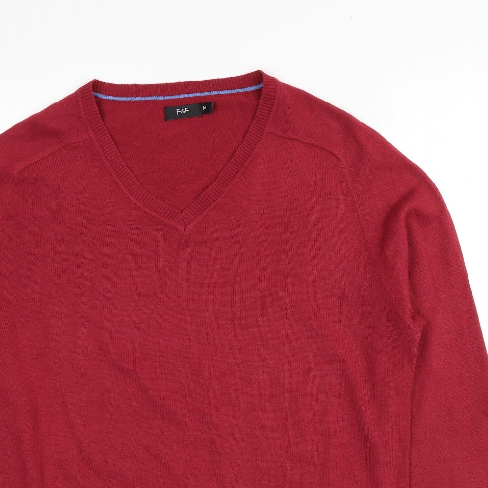 F&F Mens Red V-Neck Acrylic Pullover Jumper Size M Long Sleeve