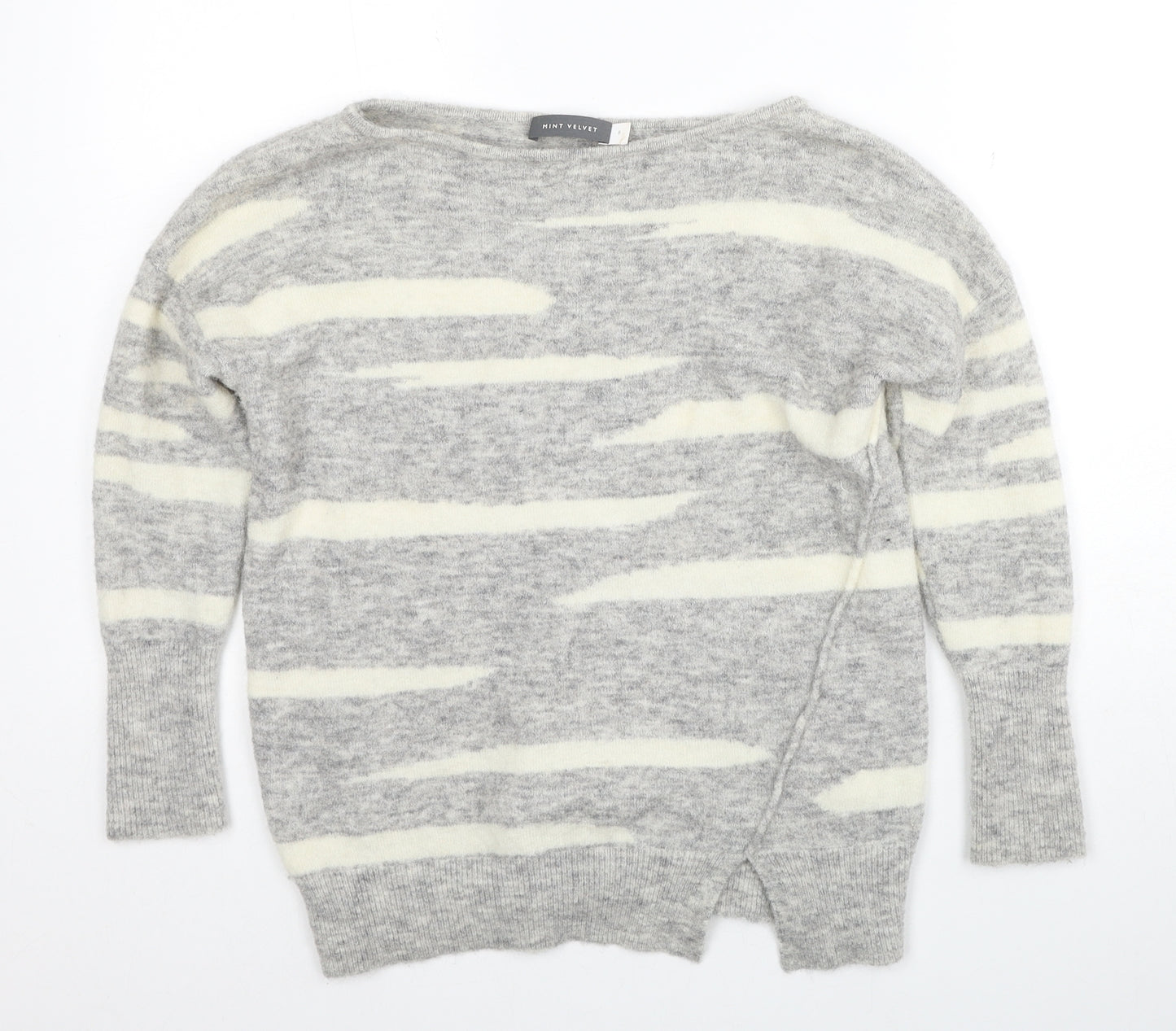 Mint Velvet Womens Grey Boat Neck Geometric Polyamide Pullover Jumper Size 8