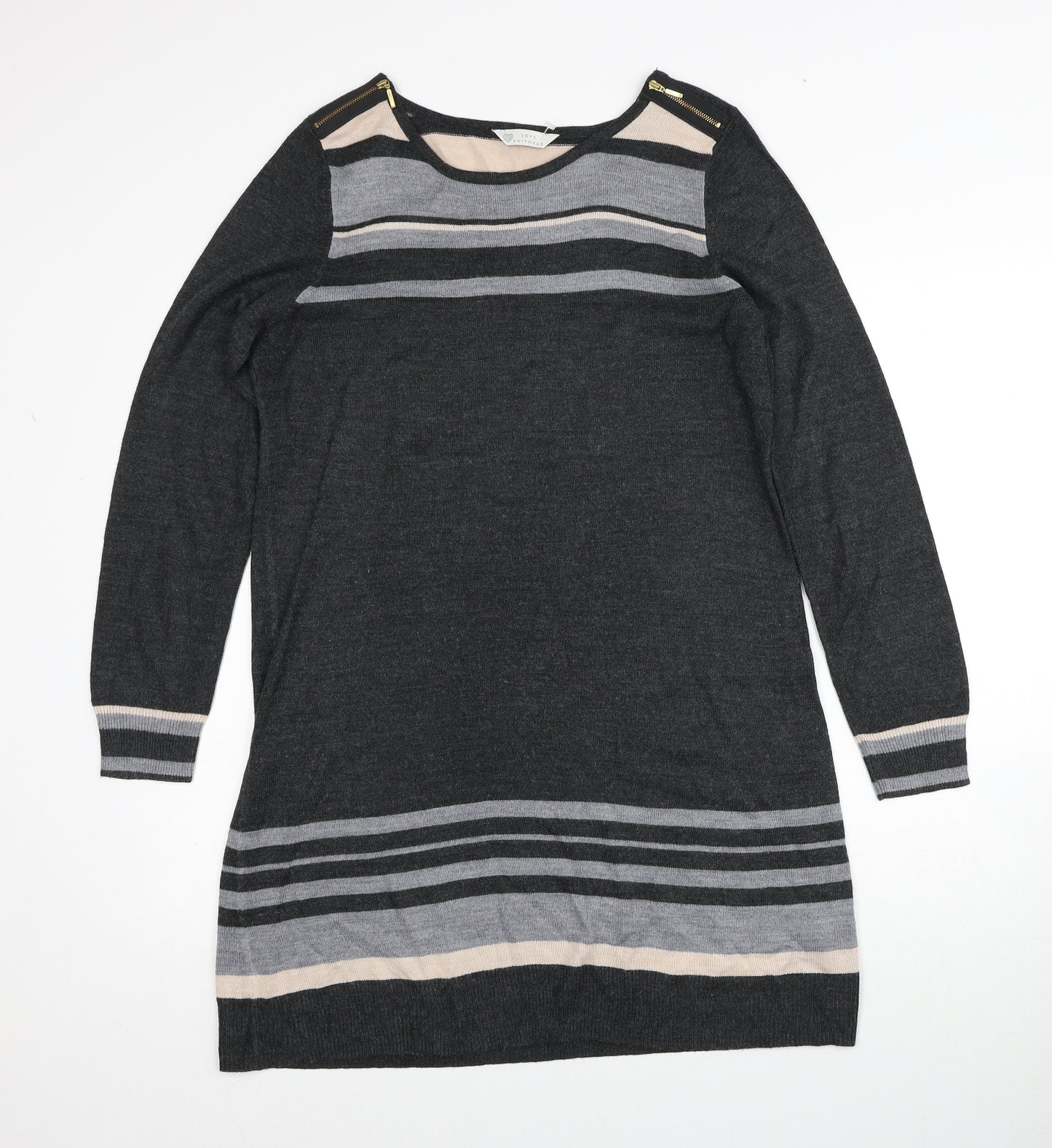 BHS Womens Grey Striped Acrylic Jumper Dress Size 14 Boat Neck Pullover