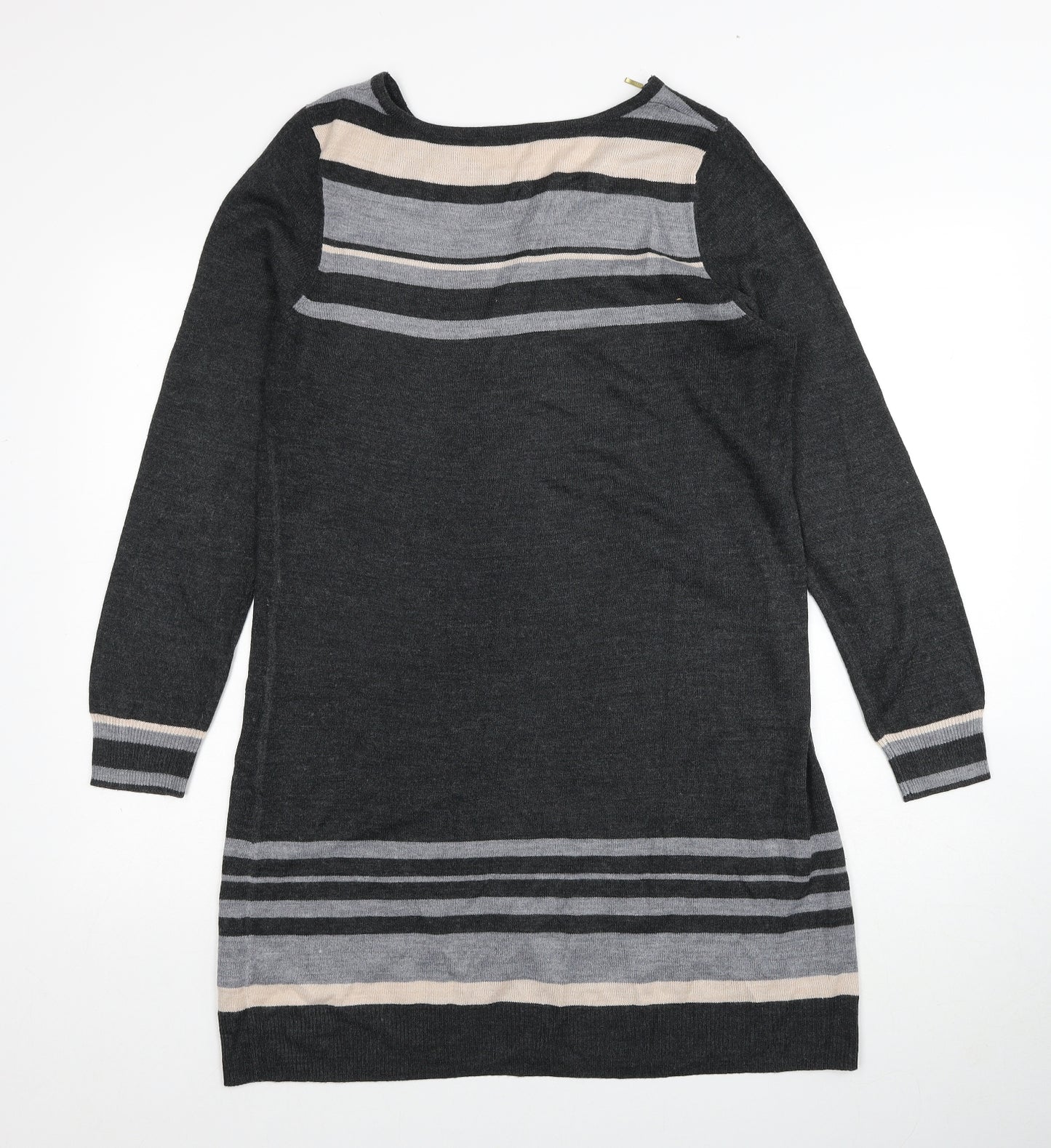BHS Womens Grey Striped Acrylic Jumper Dress Size 14 Boat Neck Pullover