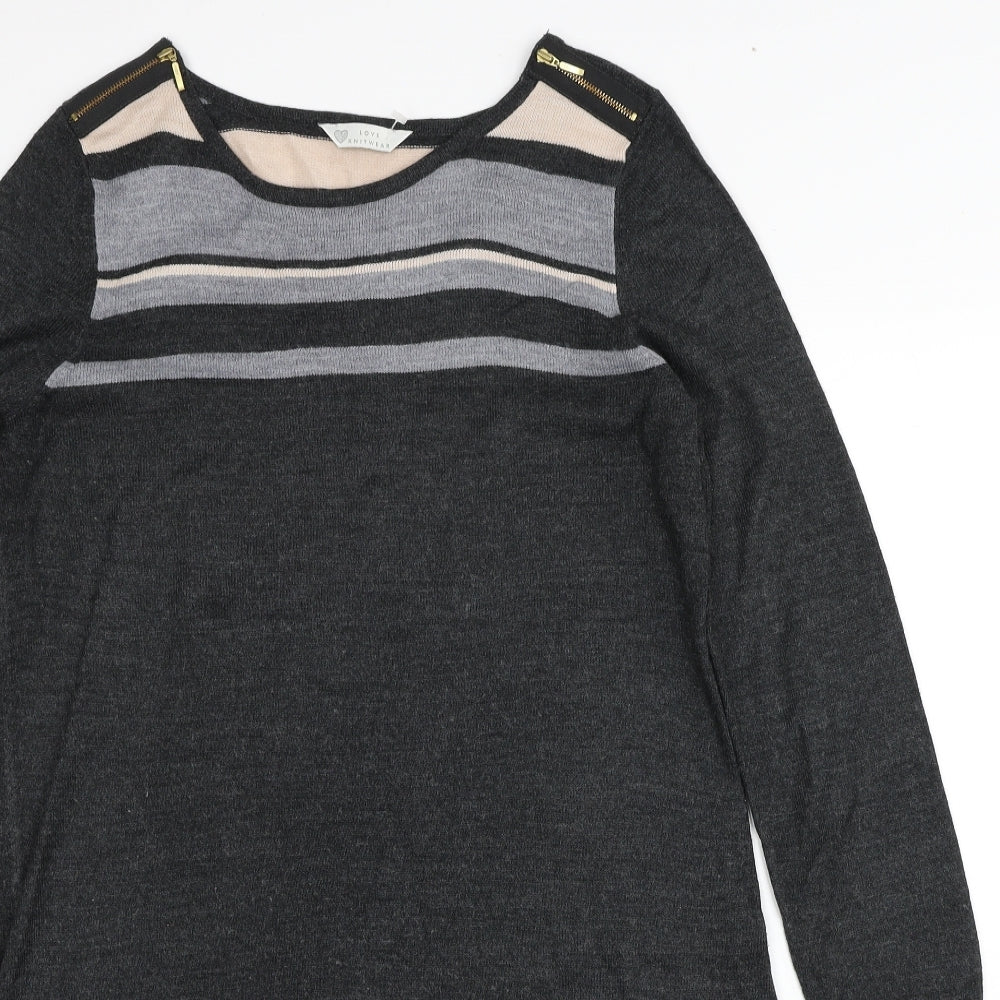BHS Womens Grey Striped Acrylic Jumper Dress Size 14 Boat Neck Pullover
