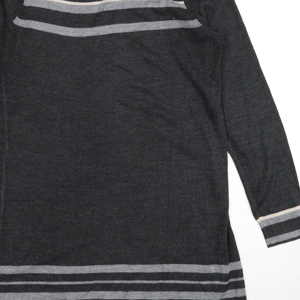 BHS Womens Grey Striped Acrylic Jumper Dress Size 14 Boat Neck Pullover