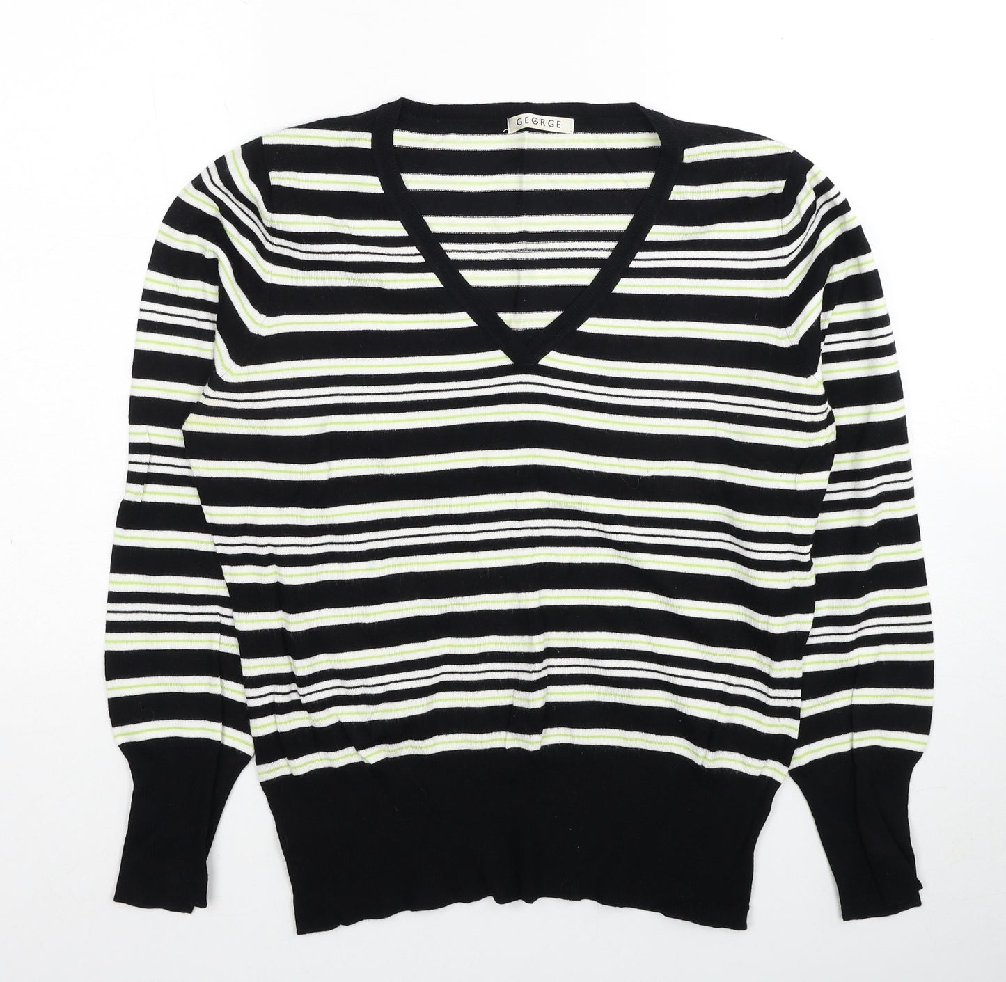 George Womens Black V-Neck Striped Viscose Pullover Jumper Size 18