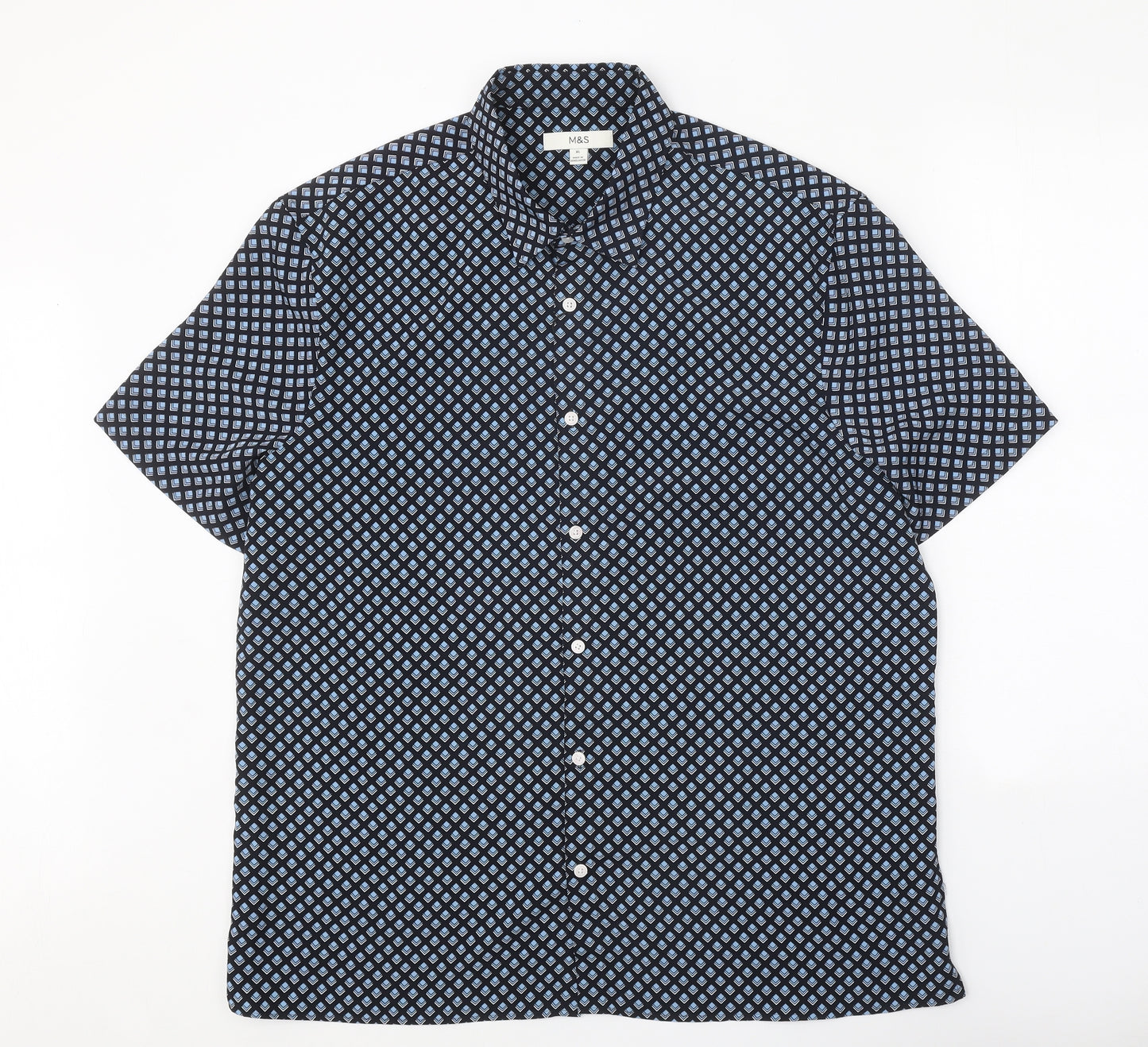 Marks and Spencer Mens Blue Geometric Polyester Button-Up Size XL Collared Button