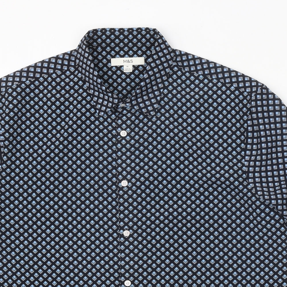 Marks and Spencer Mens Blue Geometric Polyester Button-Up Size XL Collared Button