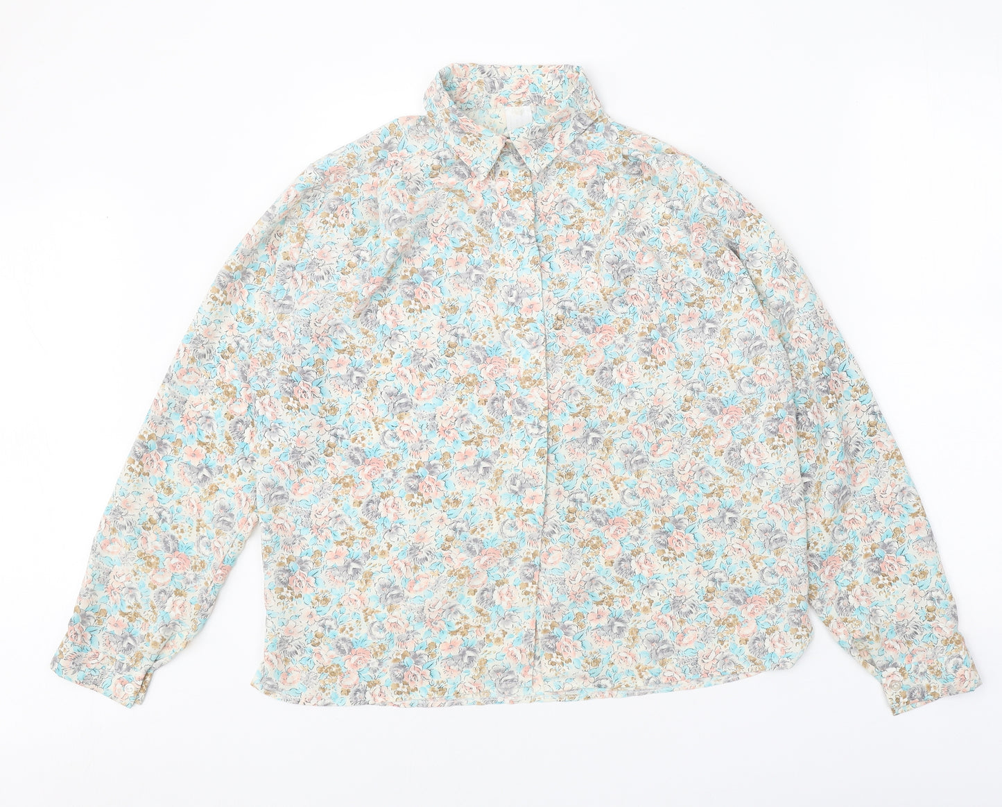 Preworn Womens White Floral Polyester Basic Button-Up Size 12 Collared