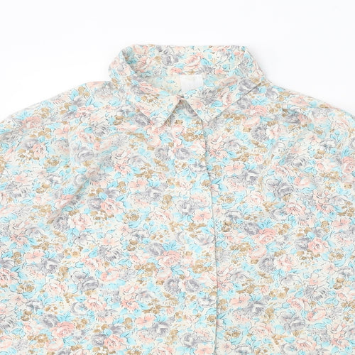 Preworn Womens White Floral Polyester Basic Button-Up Size 12 Collared