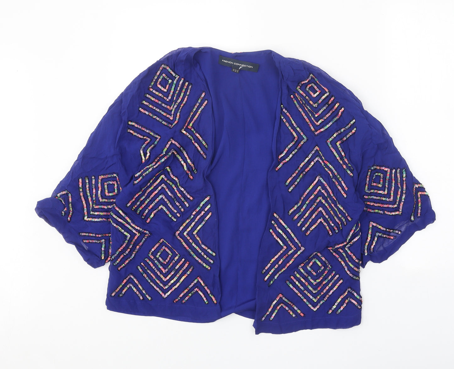 French Connection Womens Blue Geometric Polyester Basic Blouse Size 10 V-Neck