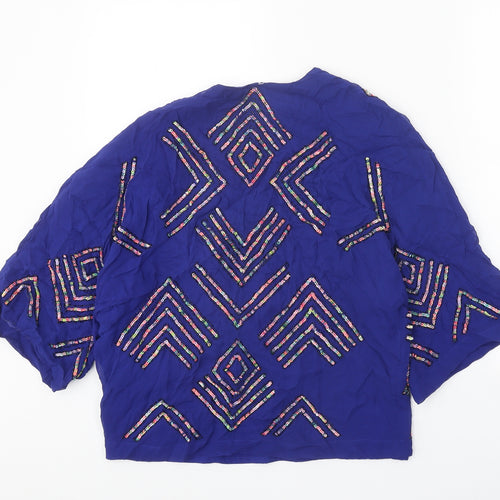 French Connection Womens Blue Geometric Polyester Basic Blouse Size 10 V-Neck