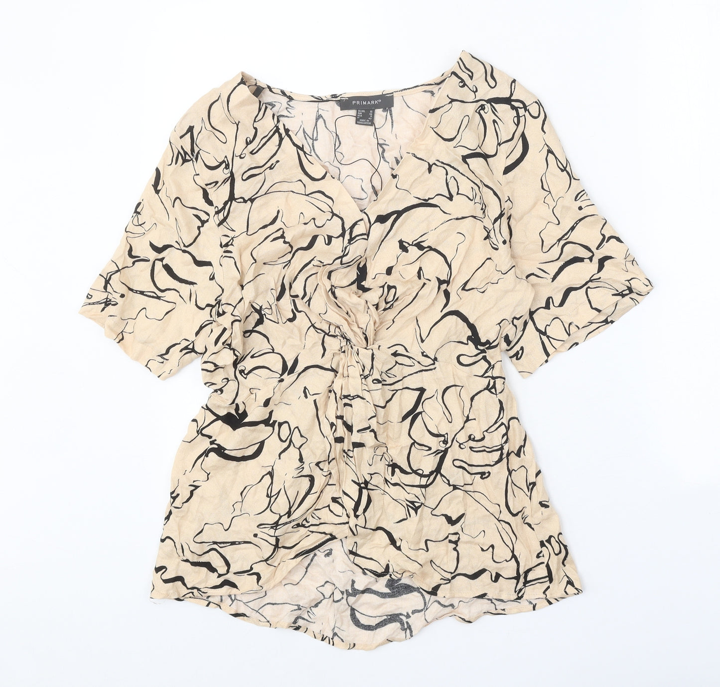 Primark Womens Beige Geometric Viscose Basic Blouse Size 10 V-Neck