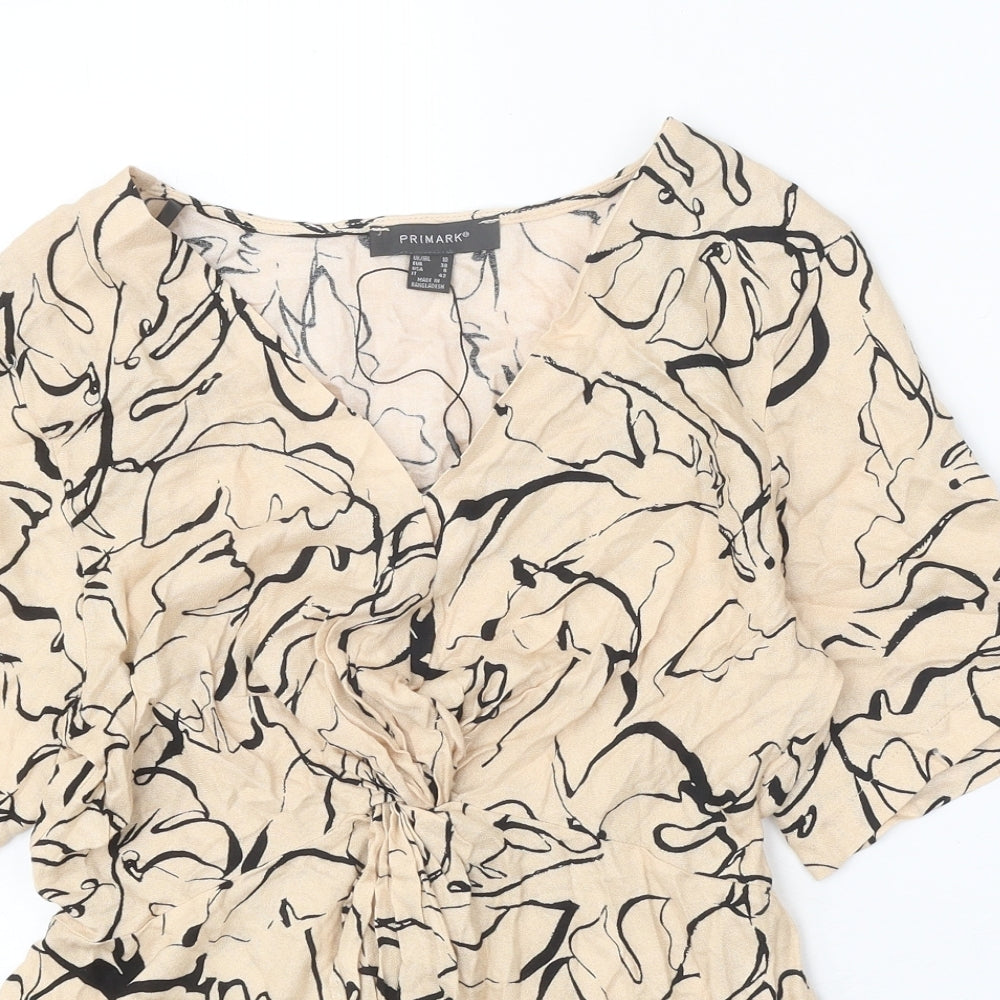 Primark Womens Beige Geometric Viscose Basic Blouse Size 10 V-Neck