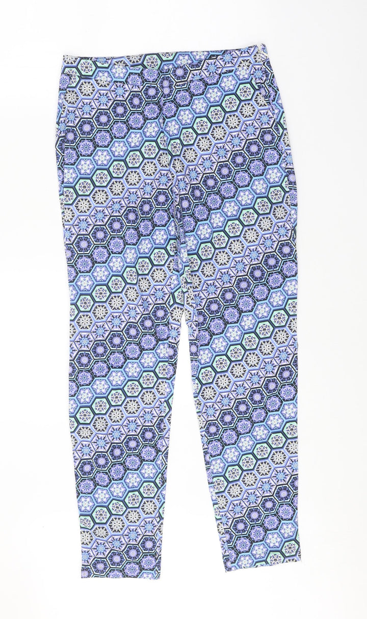 Dorothy Perkins Womens Blue Geometric Cotton Trousers Size 8 Regular Zip