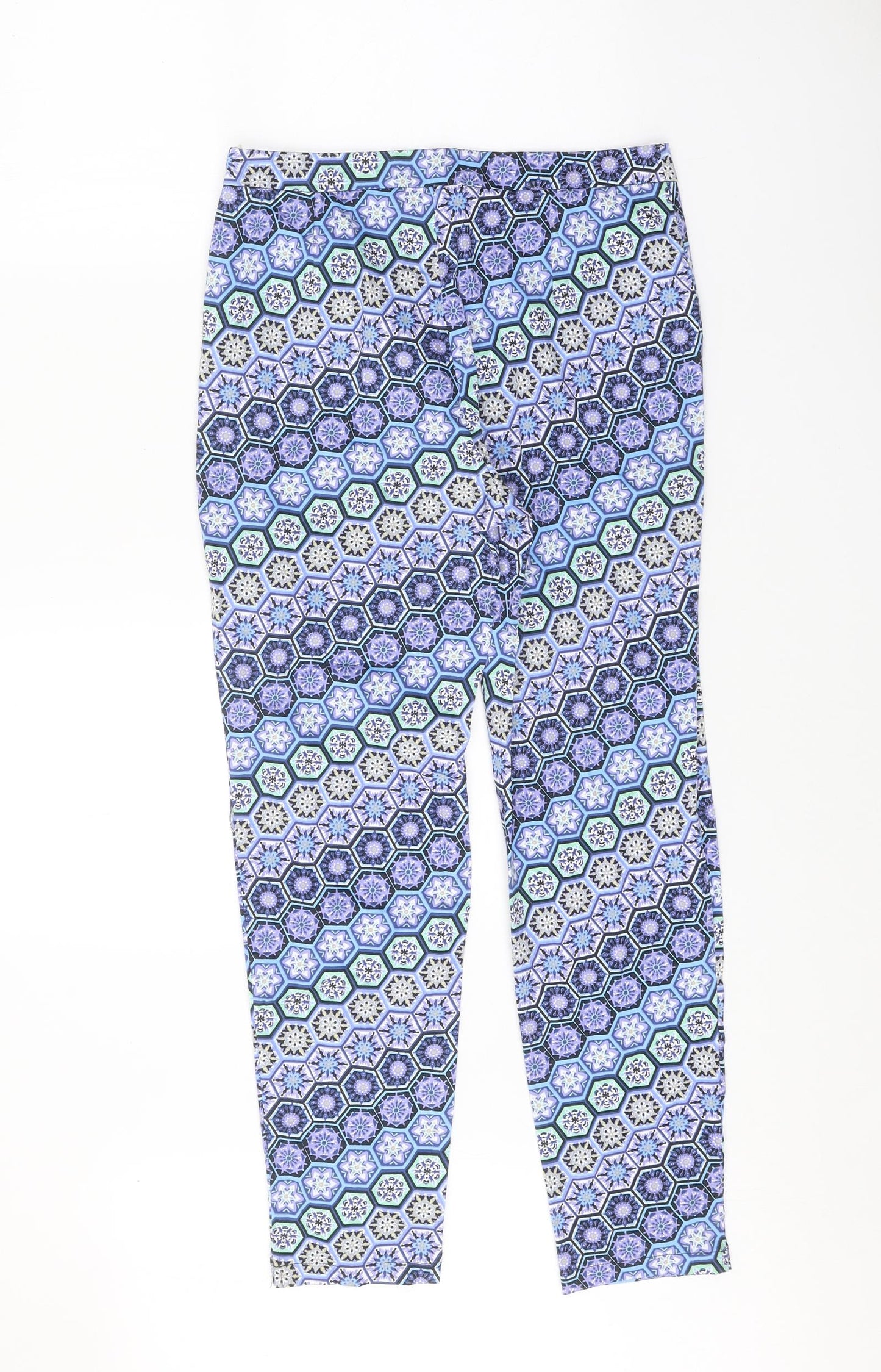 Dorothy Perkins Womens Blue Geometric Cotton Trousers Size 8 Regular Zip