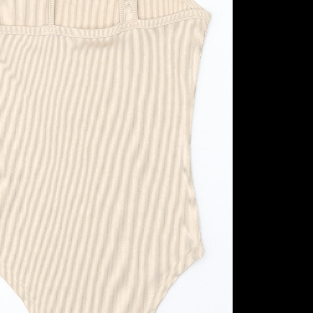 SheIn Womens Beige Polyester Bodysuit One-Piece Size L Snap
