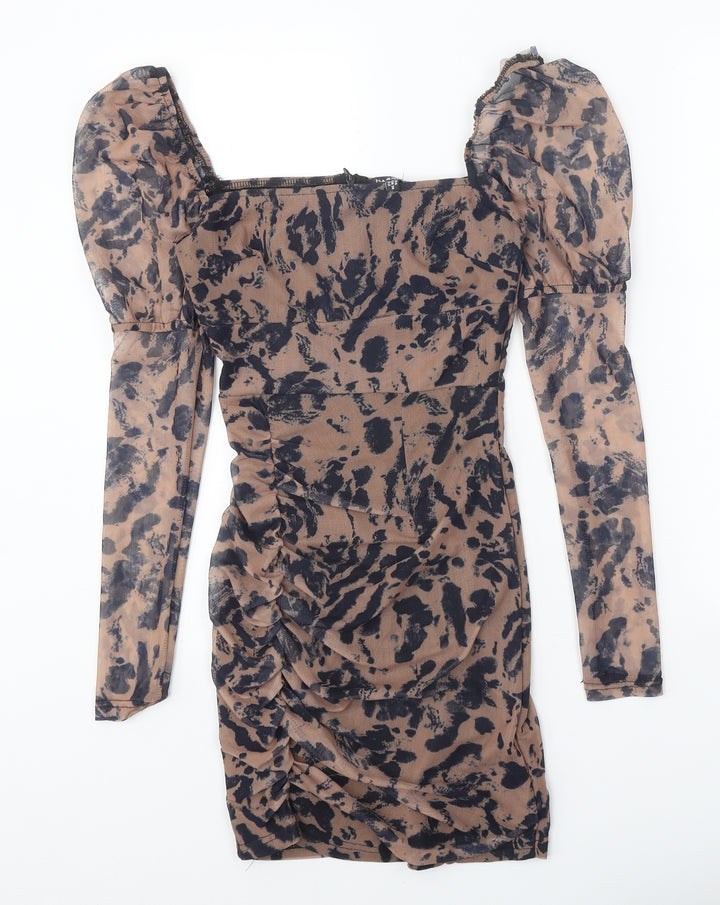 NaoNao Womens Brown Animal Print Polyester Bodycon Size 6 Square Neck Zip - Leopard Pattern