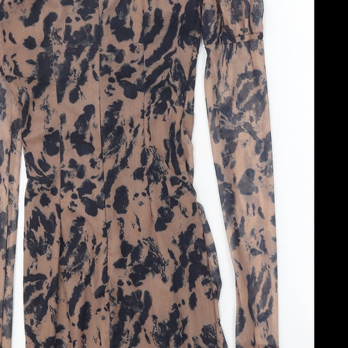NaoNao Womens Brown Animal Print Polyester Bodycon Size 6 Square Neck Zip - Leopard Pattern