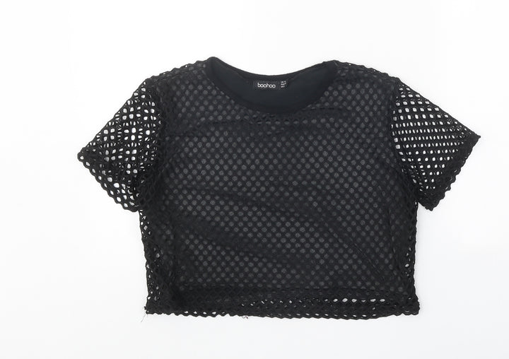 Boohoo Womens Black Polyester Basic Blouse Size 12 Round Neck