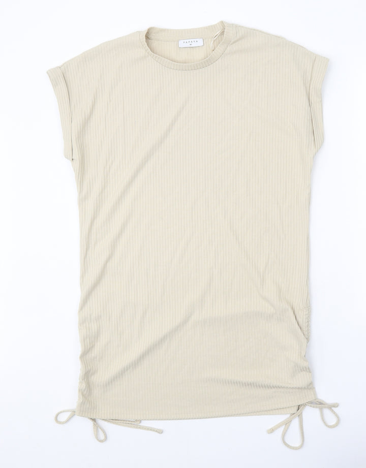 Papaya Womens Beige Polyester T-Shirt Dress Size M Round Neck Drawstring