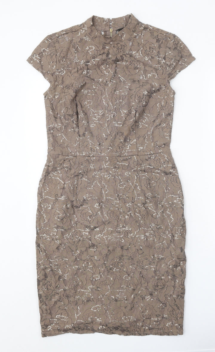 Dorothy Perkins Womens Brown Floral Cotton A-Line Size 10 Round Neck Zip