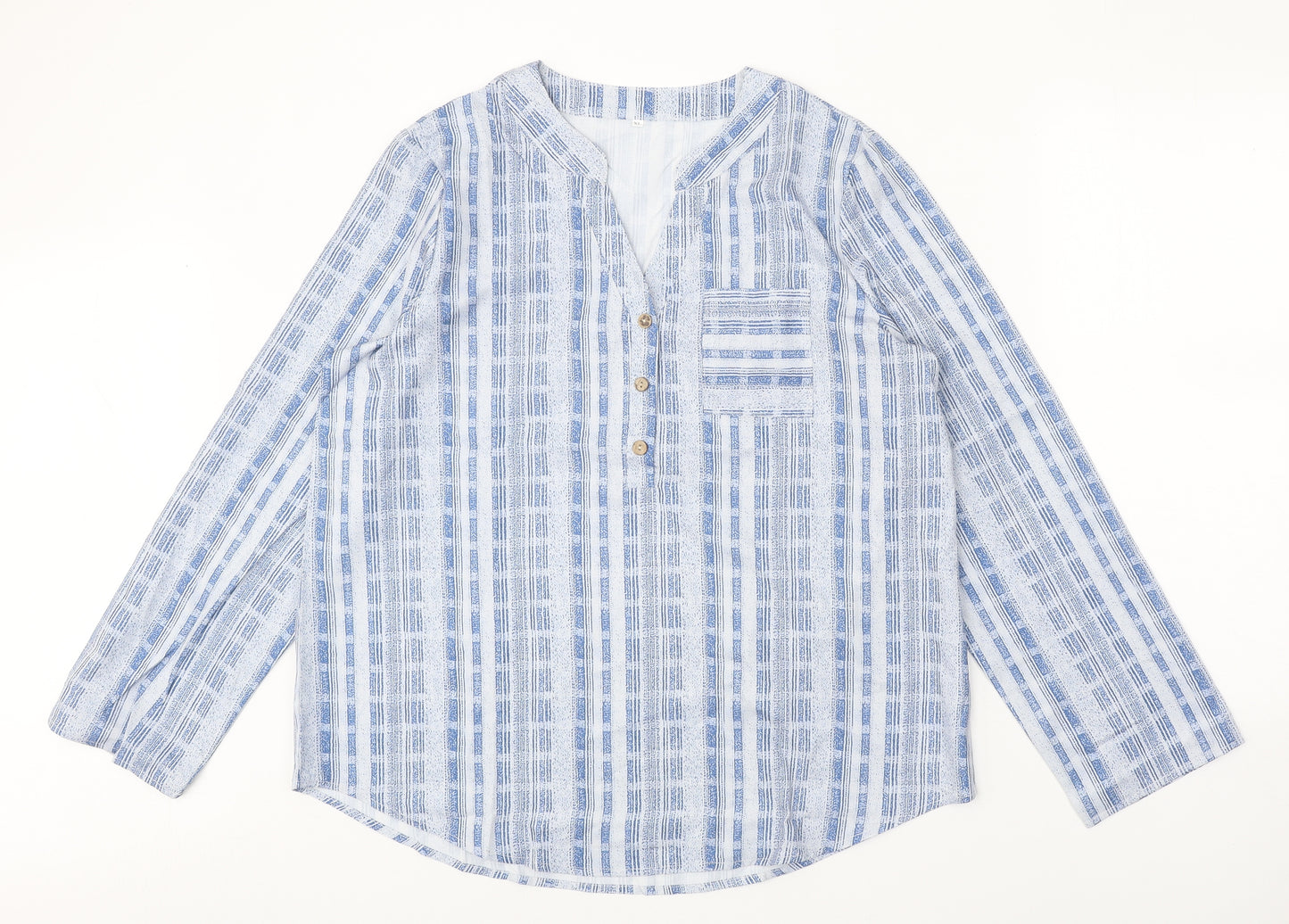 Preworn Womens Blue Geometric Polyester Basic Blouse Size XL V-Neck