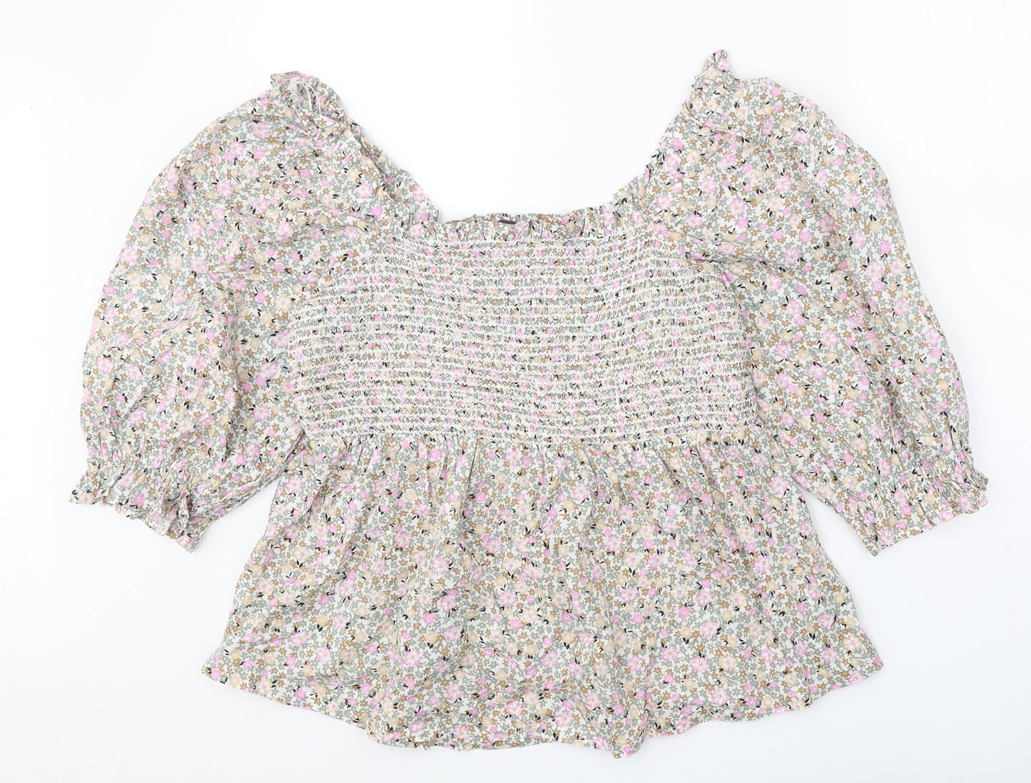 Marks and Spencer Womens Multicoloured Floral 100% Cotton Basic Blouse Size 14 Square Neck